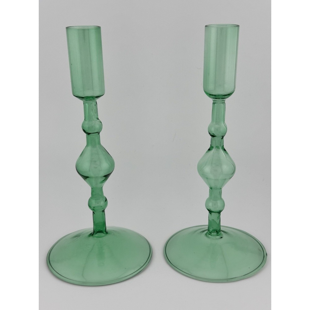 POKETO Green Handmade Glass Taper Candlestick Holder Set Of 2 NOS Open Box‎